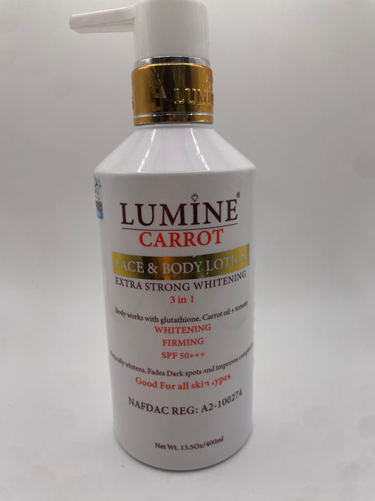 LUMINE CARROT
FACE & BODY LOTION EXTRA STRONG WHITENING
3 in 1
Body works with glutathione, Carrot oil +tomato