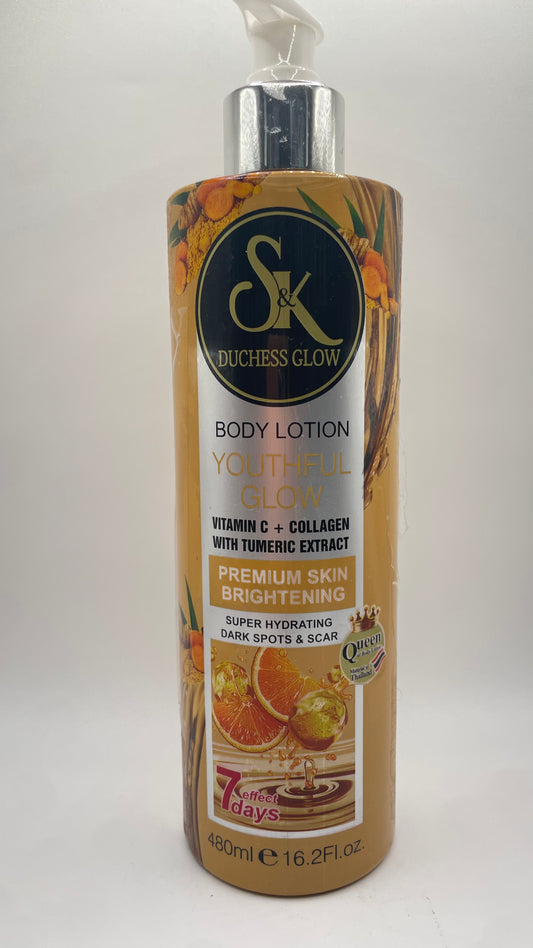 S&K BODY LOTION
YOUTHFUL
GLOW
VITAMIN C + COLLAGEN WITH TUMERIC EXTRACT PREMIUM SKIN BRIGHTENING
SUPER HYDRATING
DARK SPOTS & SCAR.