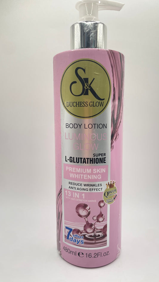 S&K BODY LOTION /LUMINOUS
GLOW
SUPER
L-GLUTATHIONE
PREMIUM SKIN
WHITENING
REDUCE WRINKLES
ANTI AGING EFFECT
13 IN 1
WITH ANTI STRETCH MARKS